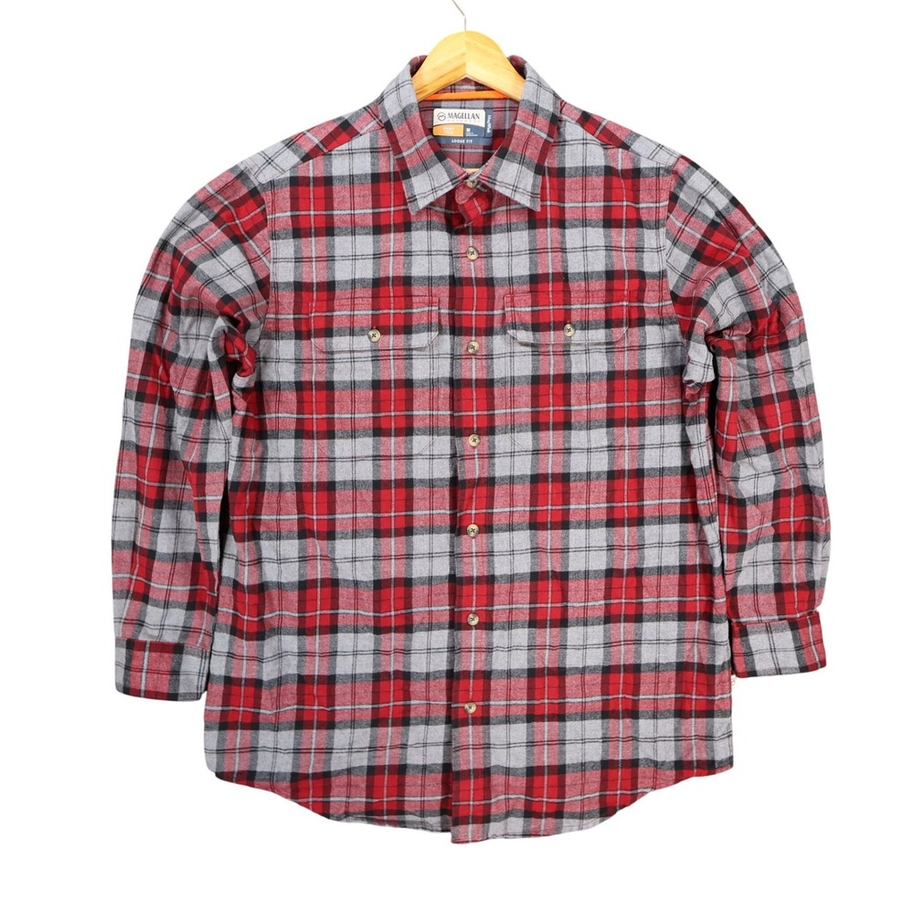 Magellan Outdoors Flannel Shirt Mens M Red Cotton Blend Loose Fit Hunt Gear